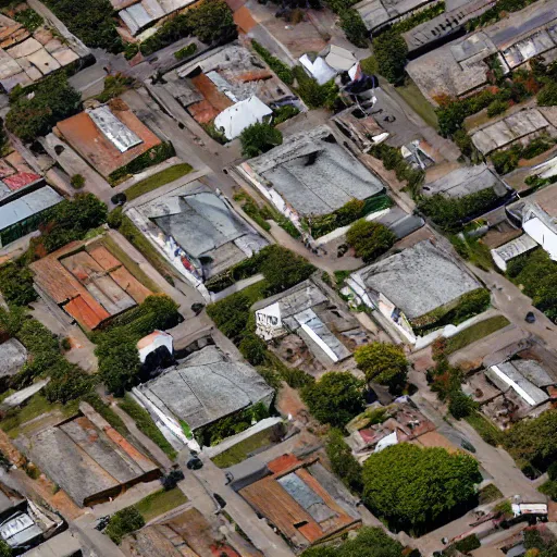 Image similar to top down aerial view of dilapidated kindergarden and suburb real life, desolate with zombies, dilapidated, zombies in the streets, nightmarish, some rusted style parked vehicles, sunny weather, few clouds, volumetric lighting, photorealistic, daytime, autumn, sharp focus, ultra detailed, cgsociety