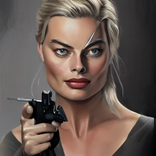 Image similar to a margot robbie wearing a business, she has grey hair and is holding a revolver, digital painting, smooth, hd, realist, artstation, deviantart