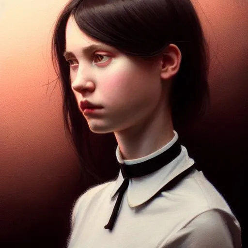 Prompt: a girl wearing collar around neck, looking at the camera, beautiful and aesthetic, close up, bitter, dramatic pose, intricate, highly detailed, detailed face, smooth, sharp focus, specular light, occlusion shadow, rim light, artgerm, artstation, art by greg rutkowski and ilya kuvshinov and salvador dali, fantasy illustration