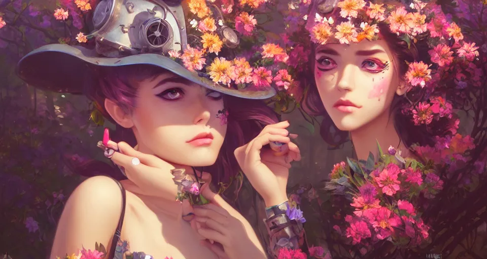 Image similar to a girl with makeup, cosmetics, face paint, clothed in flowers behind a steampunk city, night setting. realistic shaded lighting poster by ilya kuvshinov katsuhiro, magali villeneuve, artgerm, jeremy lipkin and michael garmash, rob rey and kentaro miura style, trending on art station