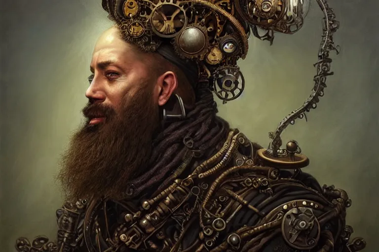 Image similar to portrait of a steampunk bearded king, grim - lighting, high - contrast, intricate, elegant, highly detailed, centered, digital painting, artstation, concept art, smooth, sharp focus, illustration, artgerm, tomasz alen kopera, peter mohrbacher, donato giancola, joseph christian leyendecker, wlop, boris vallejo