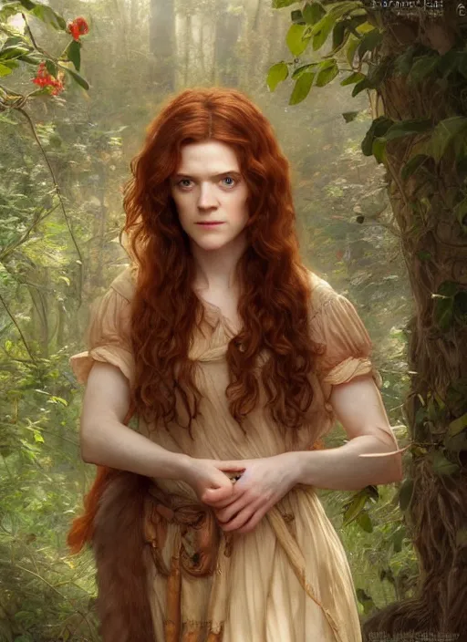 Image similar to portrait Rose Leslie as fox in the forest, full length shot, shining, 8k highly detailed, sharp focus, illustration, art by artgerm, mucha, bouguereau