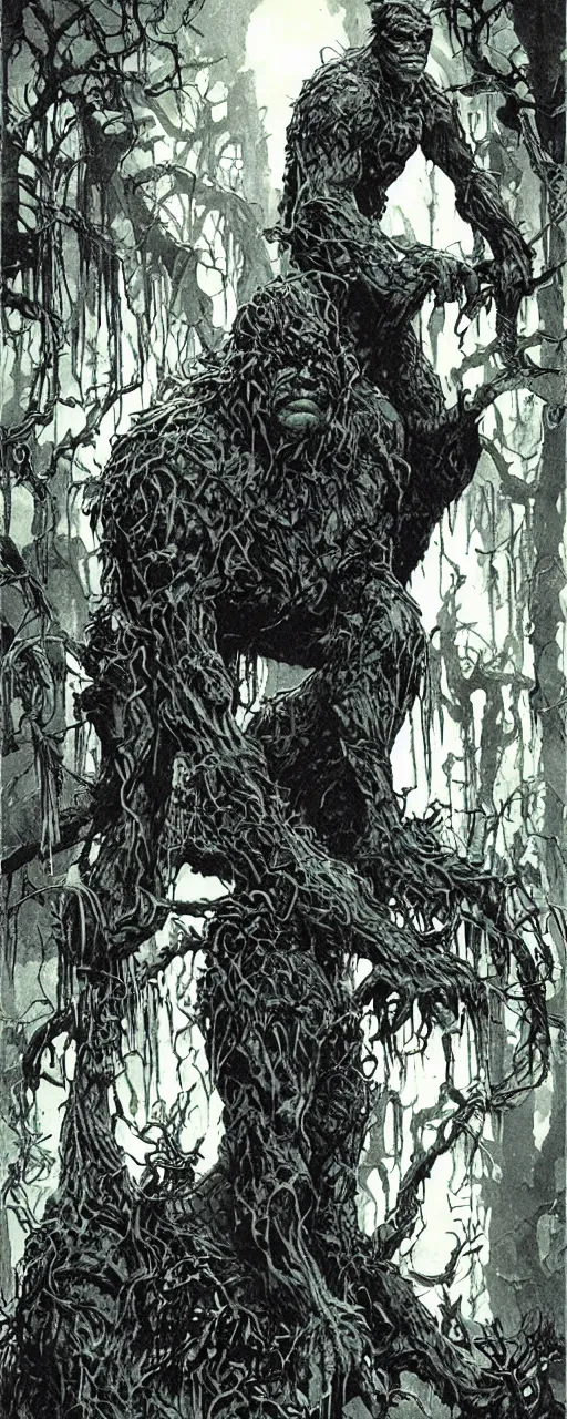 Prompt: swamp thing in a stoic brooding pose, forward angle, dramatic night lighting, by bernie wrightston, mike mignola and bill sienkiewicz, monstrous faces blended in the background scenery, canopy of drippy trees