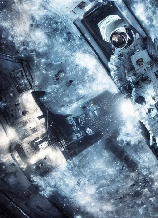 Prompt: poster art by craig mullins astronaut in futuristic dark and empty spaceship underwater. infrared glowing lights. complex and hyperdetailed technical suit. reflection and dispersion materials. rays and dispersion of light. volumetric light. 5 0 mm, f / 3 2. noise film photo. flash photography. unreal engine 4, octane render. interstellar poster