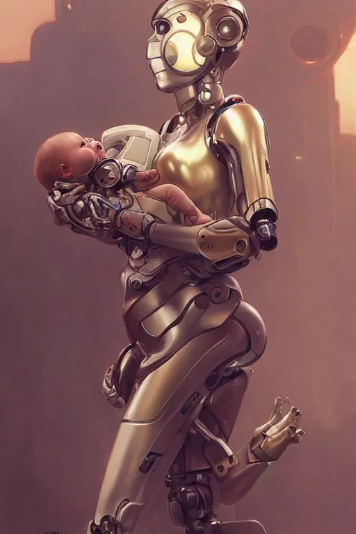 Image similar to Ultra realistic illustration, robot woman carrying a baby (baby with eyes closed), cyberpunk, sci-fi, fantasy, intricate, elegant, highly detailed, digital painting, artstation, concept art, smooth, sharp focus, illustration, art by artgerm and greg rutkowski and alphonse mucha