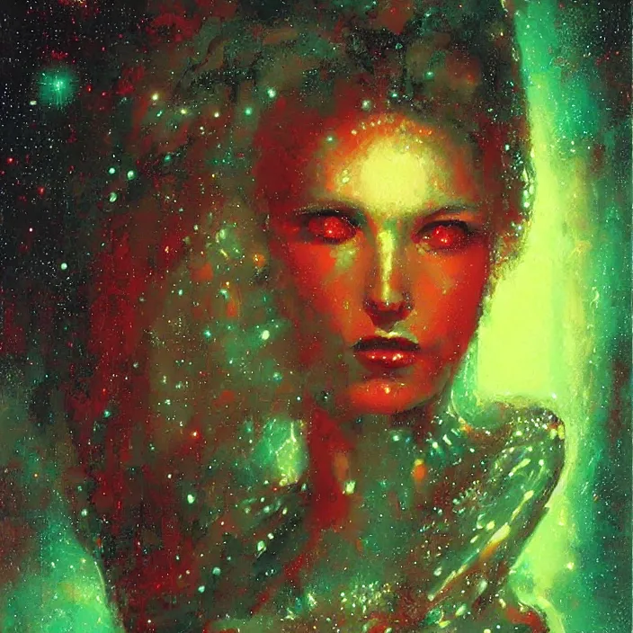 Image similar to beautiful female portrait, red and green palette, night lights, starry sky, by ( h. r. giger ) and paul lehr