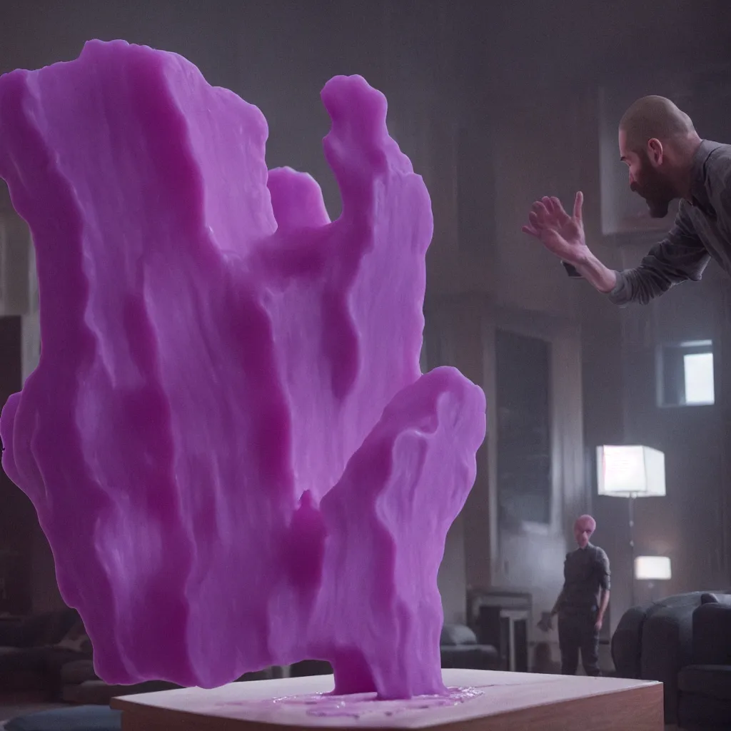 Image similar to cinestill of a giant hand made of purple wax float through the living room film still from the movie directed by denis villeneuve with art direction, pouring rain menacing lights shadows, 8 k, hd, high resolution, 3 5 mm, f / 3 2, ultra realistic faces, ex machina