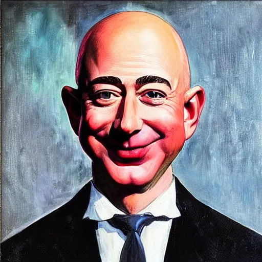 Image similar to “a deliriously happy king jeff bezos, portrait oil painting by Otto Dix, oil on canvas (1921)”