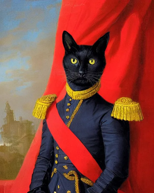 Prompt: dark brown cat with dark eyes and serious expression wearing 1 8 th century royal guard uniform in navy blue and red, joseph ducreux, greg rutkowski, regal, stately, royal portrait, painting