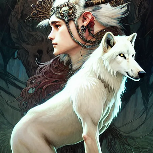 Image similar to Portrait of Princess Mononoke surrounded by white wolves, face, fantasy, intricate, elegant, highly detailed, digital painting, artstation, concept art, smooth, sharp focus, illustration, art by Fernanda Suarez and Artem Demura and alphonse mucha