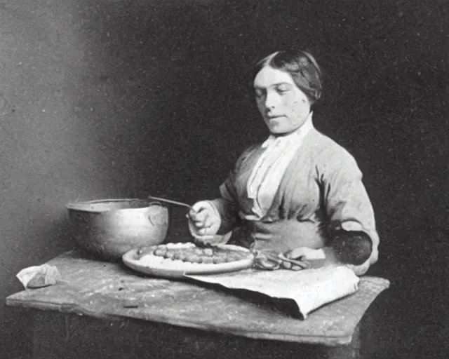 Image similar to an early 1800s photo of someone sitting at a computer making a donut in blender3d