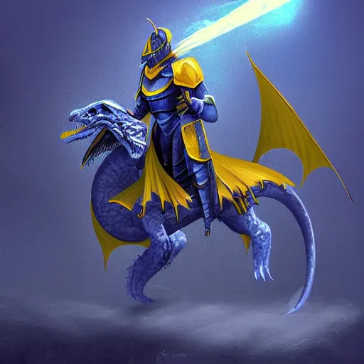 Prompt: an illustration of a knight in a heavy blue and yellow armor riding a dragon, digital art, fantasy art