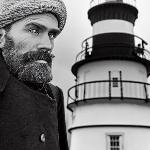 Image similar to Live Action Still of Jerma985 in a film as a Lighthouse Keeper with an overcoat, hat, and beard, black and white, hyperrealistic, ultra realistic, realistic, highly detailed, epic, HD quality, 8k resolution, body and headshot, film still