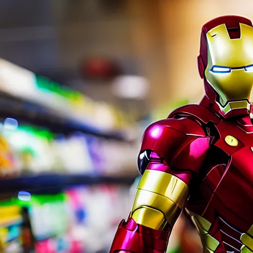 Prompt: Iron Man working as a 7/11 cashier, macro, wide wide shot, very detailed, beautiful lighting