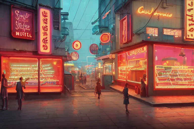 Image similar to A highly detailed matte painting of a single small building, candystore with neonsign by Studio Ghibli, Makoto Shinkai, by Artgerm, by WLOP, by Greg Rutkowski, volumetric lighting, cyberpunk, octane render, 4K resolution, trending on artstation, masterpiece