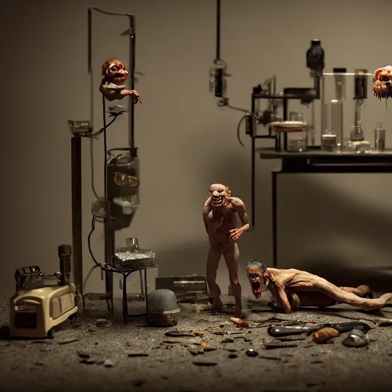Image similar to laboratory miniature creature in pain and anger and revange by Christopher Soukup, David Fincher, Dan Witz, Gregory Crewdson, Huleeb, Lee Griggs, Mike Nash, Paul Chadeisson, Stephen Shore, sideshow collectibles, Terry Richardson, Vitaly Bulgarov