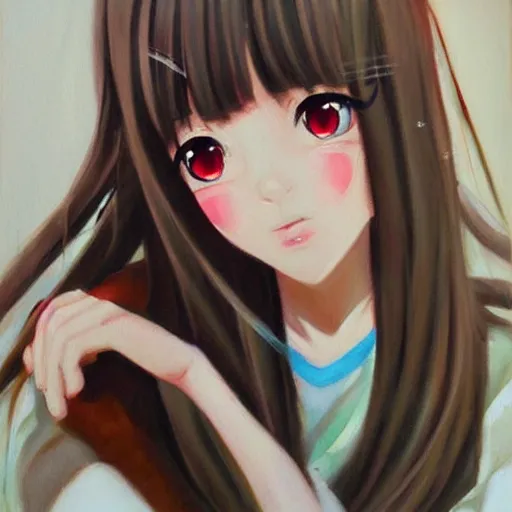 Image similar to oil painting of a beautiful pretty pure kawaii cute lovely innocent elegant hot nice sweet girly feminine long hair anime waifu sister girl Trending on Pixiv