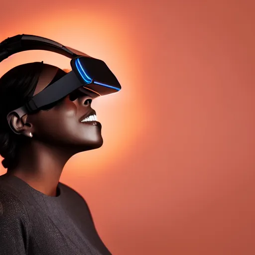 Image similar to dark skinned woman wearing futuristic vr headset neon lights ambient light unity game ultra - realistic