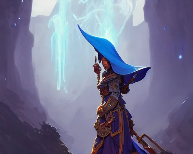 Image similar to alexis ohanian as a wizard, blue wizard hat, deep focus, d & d, fantasy, intricate, elegant, highly detailed, digital painting, artstation, concept art, matte, sharp, illustration, hearthstone, art by artgerm and greg rutkowski and alphonse mucha