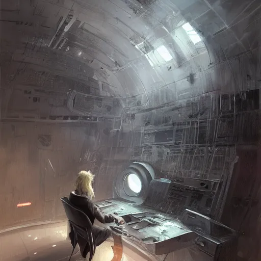 Image similar to concept art by greg rutkowski, a very tall, and slender man with messy blond hair and beard, wearing a black sweater, sitting in the spaceship command bridge, brutalist futuristic interior, dark lighting atmosphere, detailed portraits, nostalgic atmosphere, scifi, digital painting, artstation, concept art, smooth, sharp foccus ilustration, artstation hq