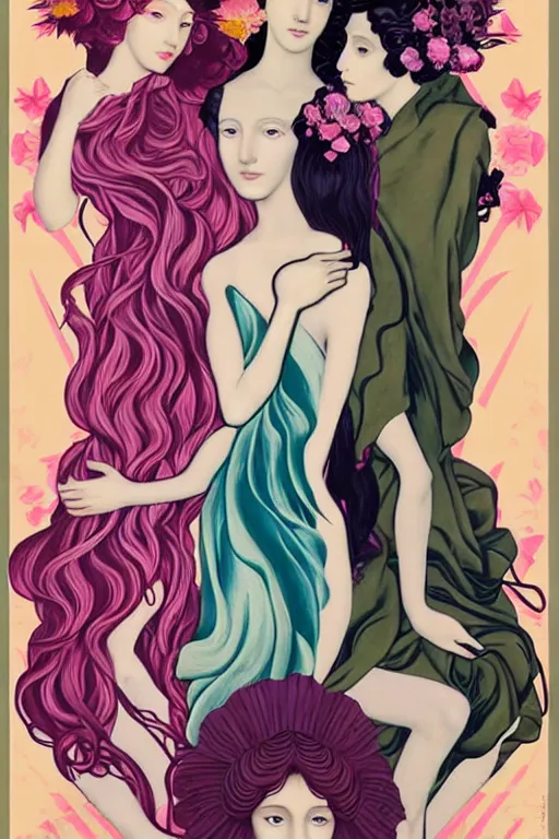 Image similar to 3 Spring Muses symbolically representing March, April, and May, in a style blending Æon Flux, Peter Chung, Shepard Fairey, Botticelli, Ivan Bolivian, and John Singer Sargent, inspired by pre-raphaelite paintings, shoujo manga, and cool Japanese street fashion, dramatically blossoming flora and fauna, petals falling everywhere, pastel vivid triad colors, hyper detailed, super fine inking lines, ethereal and otherworldly, 4K extremely photorealistic, Arnold render