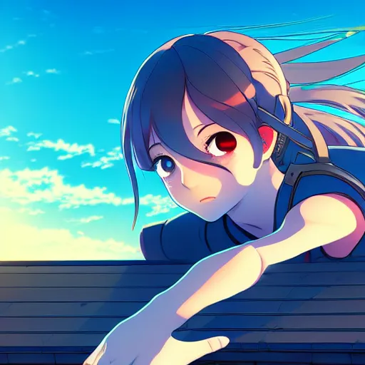 Prompt: digital anime art in the style of netflix arcane, cute female ninja sitting on an old japanese roof at golden hour, soft azure blue eyes, close up, wlop, ilya kuvshinov, backlit