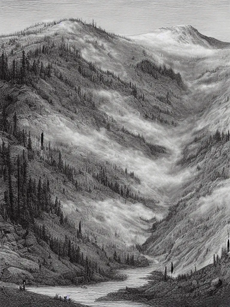 Image similar to an engraving of yellowstone national park by gustave dore and albrecht durer highly detailed, fog, depth, lithograph engraving, storybook illustration