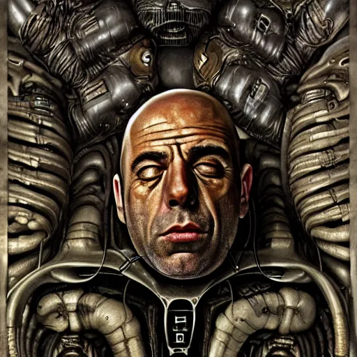 Image similar to joe rogan sleeping by H. R. Giger trending on artstation, detailed art, oil painting, high fantasy, horror, science fiction