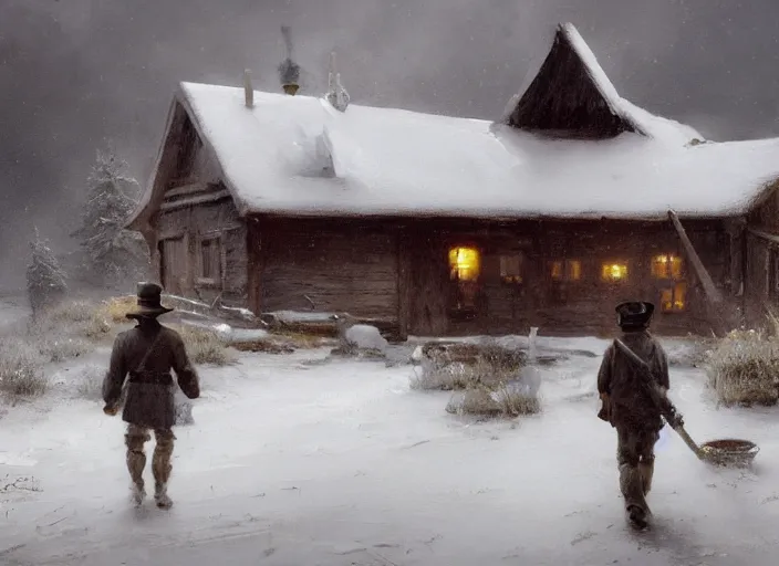 Image similar to oil painting, snow blizzard, nordic gnome, dwarf, small with gray clothes, pointy top hat, barn environment, hay and wooden tools, high detailed art by anders zorn, wonderful masterpiece by greg rutkowski, beautiful cinematic light, american romanticism by greg manchess, creation by tyler edlin