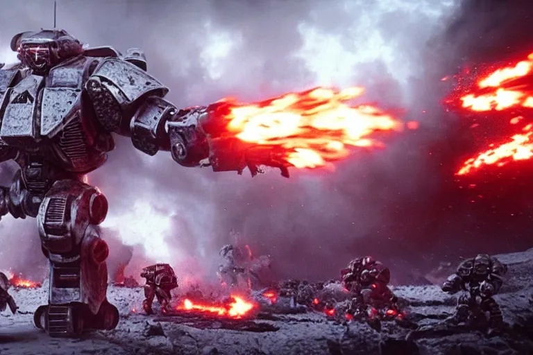 Prompt: VFX movie of futuristic cybernetic beast monsters fighting space marines lunging, war zone, battlefield, debris, fire , natural lighting by Emmanuel Lubezki