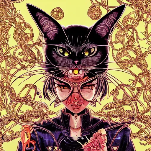 Prompt: portrait of crazy cat woman, symmetrical, by yoichi hatakenaka, masamune shirow, josan gonzales and dan mumford, ayami kojima, takato yamamoto, barclay shaw, karol bak, yukito kishiro