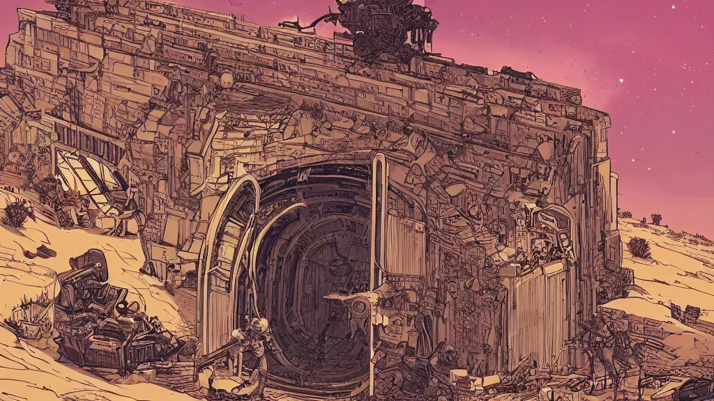 Prompt: very detailed, prophet graphic novel, ilya kuvshinov, mcbess, rutkowski, simon roy, illustration of a large vault door in the desert, wide shot, colorful, deep shadows, astrophotography