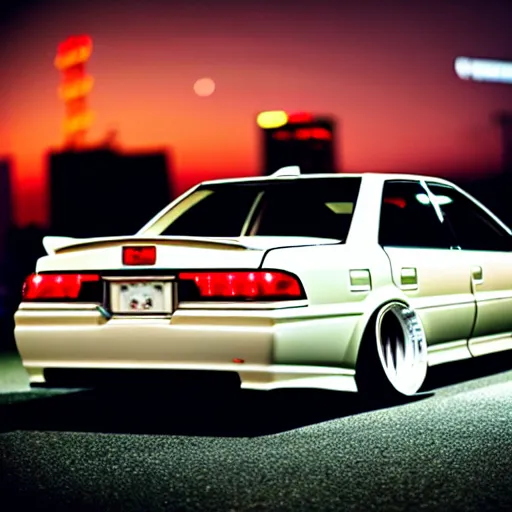 Image similar to a car JZX100 at illegal car meet, Saitama prefecture, city sunset night, cinematic color, photorealistic, highly detailed, 200MM