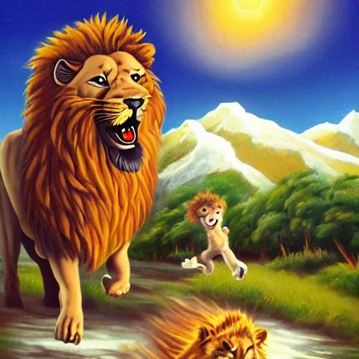 Prompt: screaming bob ross chasing a lion