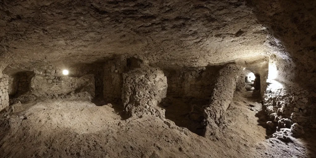 Prompt: archeological discovery of a perfectly well preserved castle underground