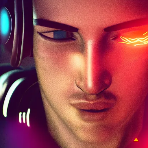 Image similar to electronic dj portrait, cyberpunk 2 0 7 7, cyberpunk, photorealistic, ultra detailed, neon, octane, bokeh, cinematic lighting, cyber, cyberpunk city, headphones, studio quality, feature, scars, cyberface, 8 k