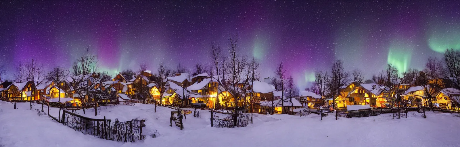 Image similar to small cozy village at Christmas night starry night aurora borealis nordic plaza