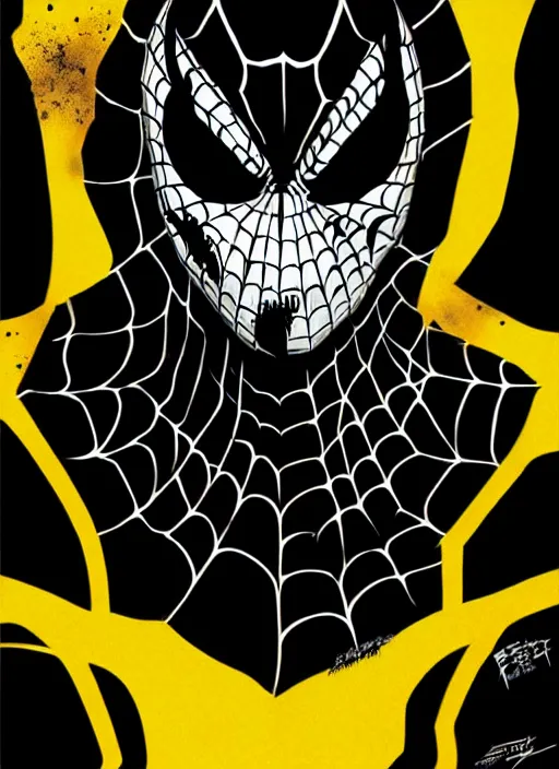 Image similar to highly detailed closeup portrait of a cyborg venom symbiote in spiderman suit with skeleton skull face, black hoodie by atey ghailan, by greg rutkowski, by greg tocchini, by james gilleard, by joe fenton, by kaethe butcher, gradient, yellow, black, brown and white color scheme, grunge aesthetic!!! white graffiti tag wall background