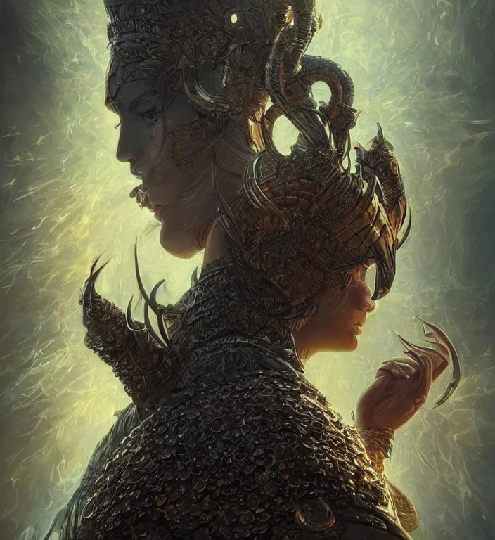 Image similar to unreal engine render of, centered Intricate portrait of a goddess, tarot card, dark souls colour scheme, luminal, smooth, coherent, high detailed, kerem beyit, Karol Bak, Chris Cold, james gurney, dan mumford, featured on artstation, instagram HD, unreal engine