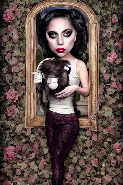 Prompt: lady gaga with bunny, lowbrow, matte painting, 3 d highly detailed, in the style of mark ryden