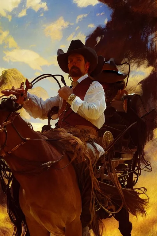 Prompt: hyperrealist portrait of a cowboy driving stage coach by thomas moran and fredrick remington and alphonse mucha, fantasy art, photo realistic, dynamic lighting, artstation, poster, volumetric lighting, very detailed faces, 4 k, award winning