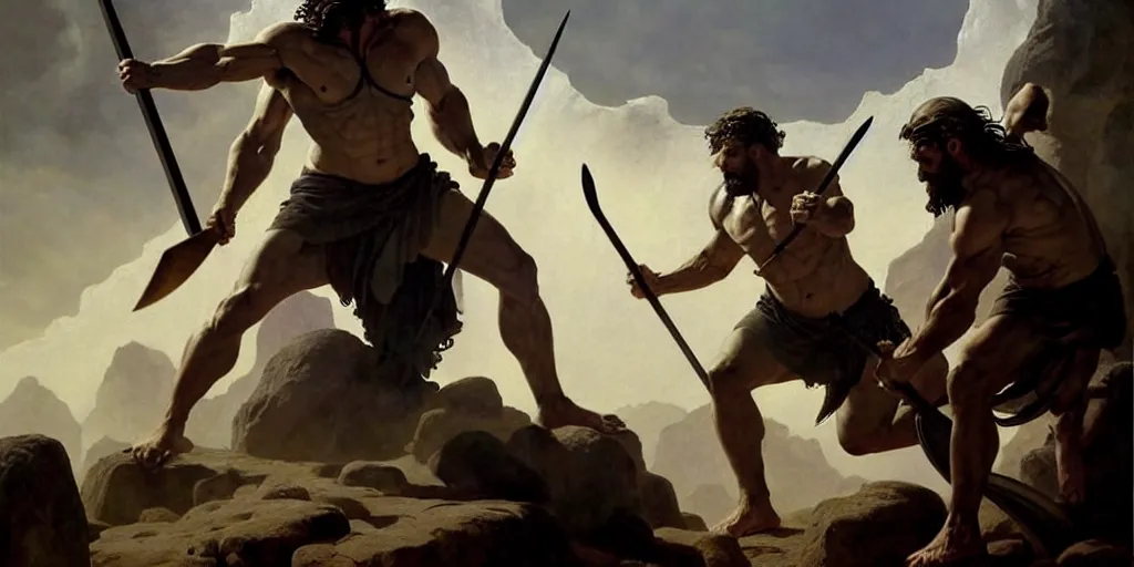 Image similar to realistic painting of biblical Cain with a spear fighting Abel with a scythe, a stone altar with white smoke ascending in the background, masculine and rugged, inspired art by Frazetta + facial symmetry + volumetric lighting, well lit, 8k octane render, intricate, epic composition, sparkling atmosphere, cinematic lighting + masterpiece, trending on artstation, very detailed, masterpiece, stunning