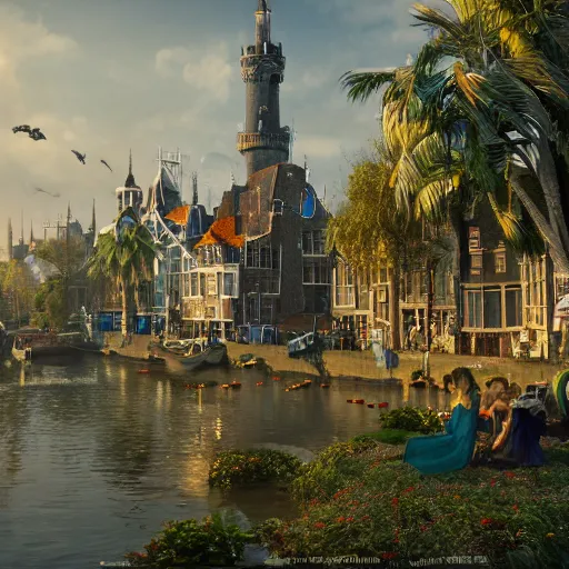 Image similar to a coastal magical town with witches and knights and a grand university of magic and technology visible in the distance, sunny weather, inspired by victorian england and amsterdam, palm trees, highly detailed, intricate, digital painting, trending on artstation, concept art, matte painting, art by greg rutkwowski, craig mullins, octane render, 8 k, unreal engine