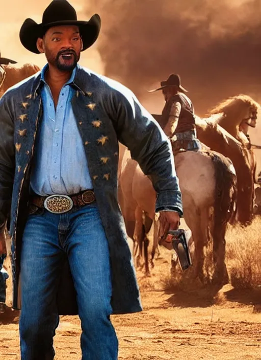 Image similar to an film still of will smith as cowboy with beard, western background, unreal engine. amazing likeness. very detailed.