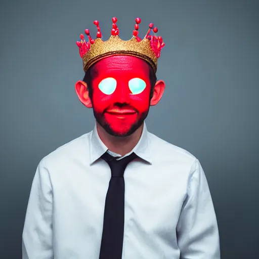 Prompt: man with a crown, smirk, photograph, black background, glowing red eyes, grin