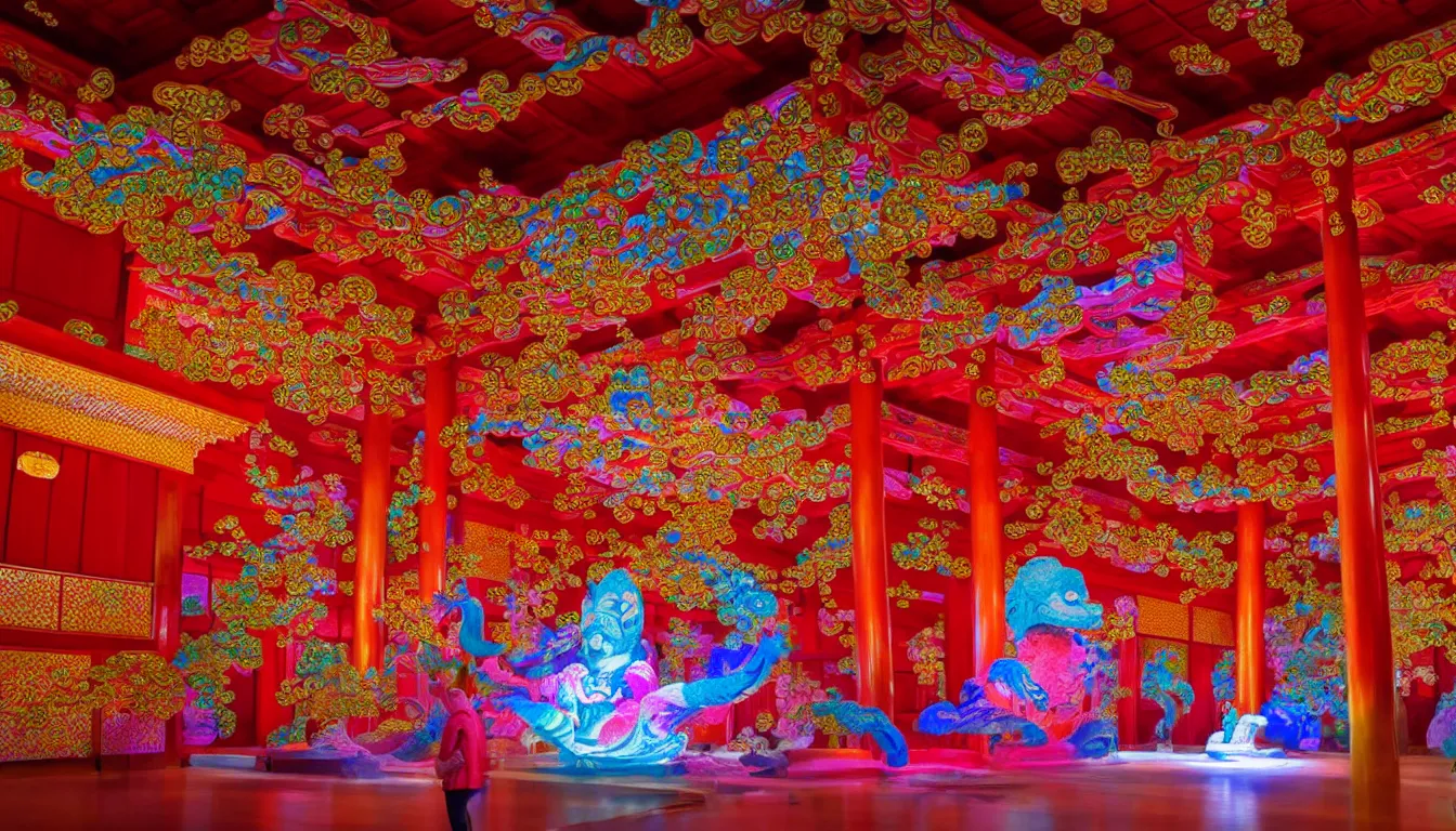 Image similar to volumetric lighting, flowing shimmering brilliant colourful fabrics, emerging sounds and an ancient male bearded face , inside a huge traditional Japanese Royal ornate temple , full colour , upscale , 4k