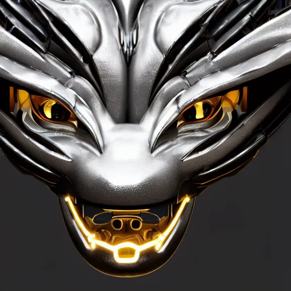 Image similar to close up headshot of a cute beautiful stunning anthropomorphic female robot dragon, with metal cat ears, with sleek silver metal armor, glowing OLED visor, facing the camera, high quality maw open and about to eat you, you being dragon food, the open maw being detailed and soft and warm looking, highly detailed digital art, furry art, anthro art, sci fi, warframe art, destiny art, high quality, 3D realistic, dragon mawshot, maw art, furry mawshot, macro art, dragon art, Furaffinity, Deviantart