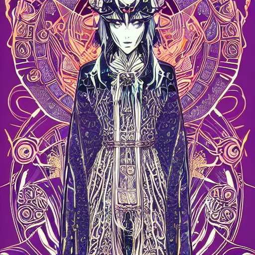 Image similar to demonic priestess wearing a robe + monochromatic, cool color palette, psychedelic, symmetrical and detailed, yoshitaka amano, hiroshi yoshida, kuvshinov ilya