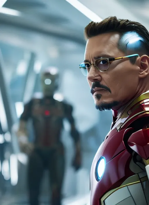 Image similar to film still of Johnny Depp as Tony Stark in Iron Man, 4k