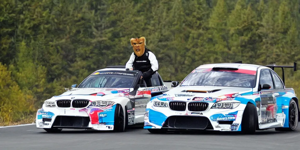 Image similar to sasquatch hanging out the window of a bmw drift car